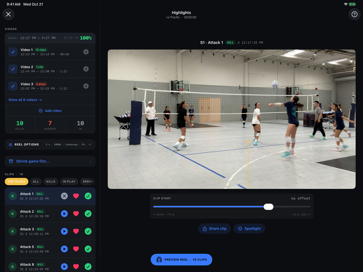 HITTER's two-pane Highlights studio on iPad — clip list beside a large preview