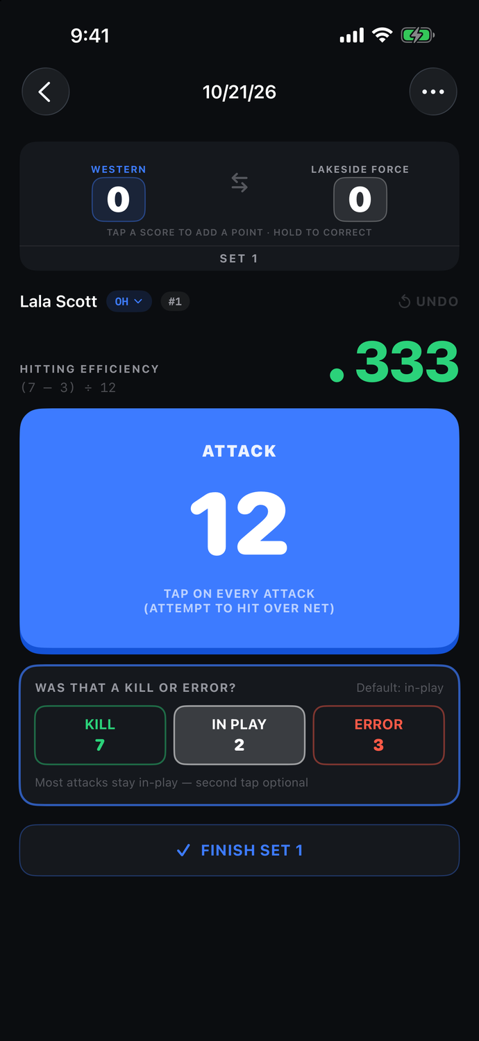 One-tap play tracking on iPhone with live hitting efficiency